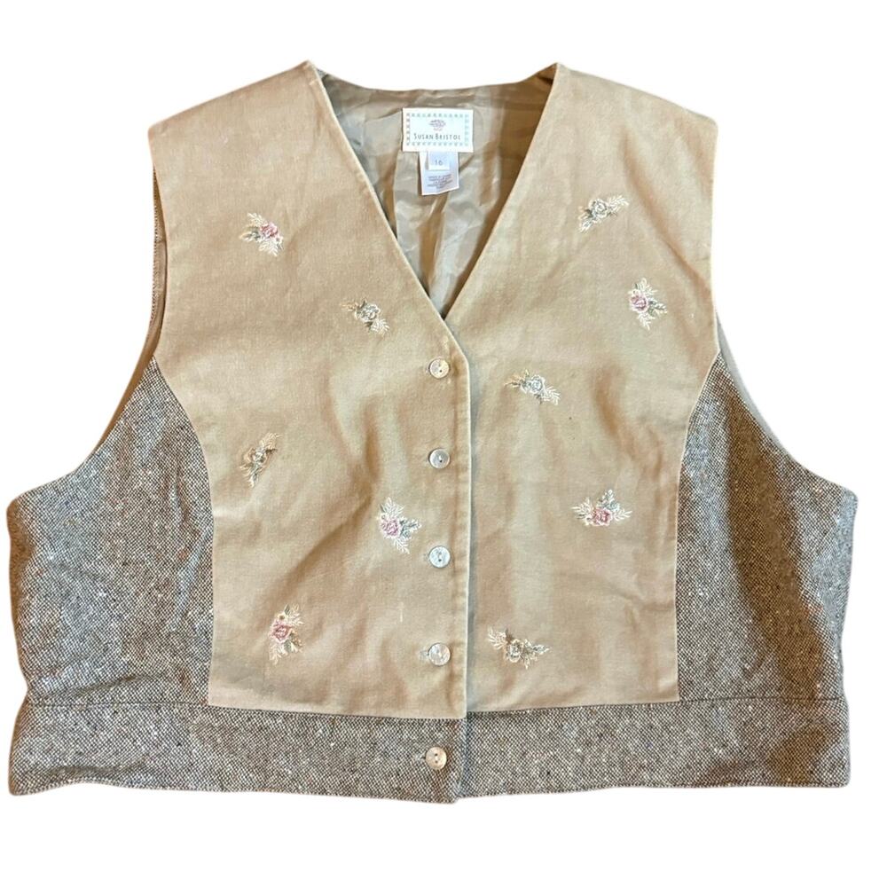 Susan Bristol Vintage Wool Vest with Embroidered Flowers Womens 16 GUC